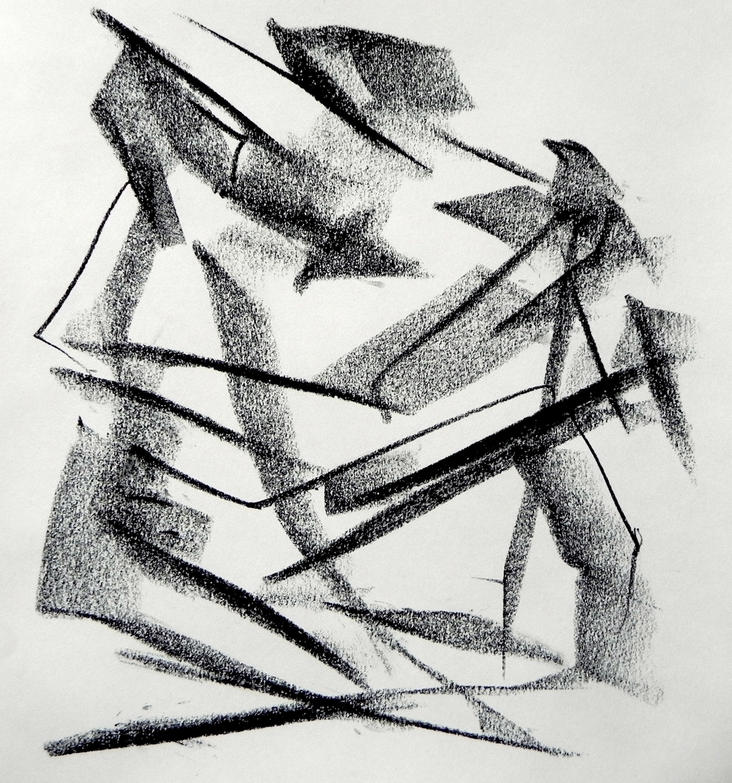 Drawing: Thin and thick lines drawn with charcoal.